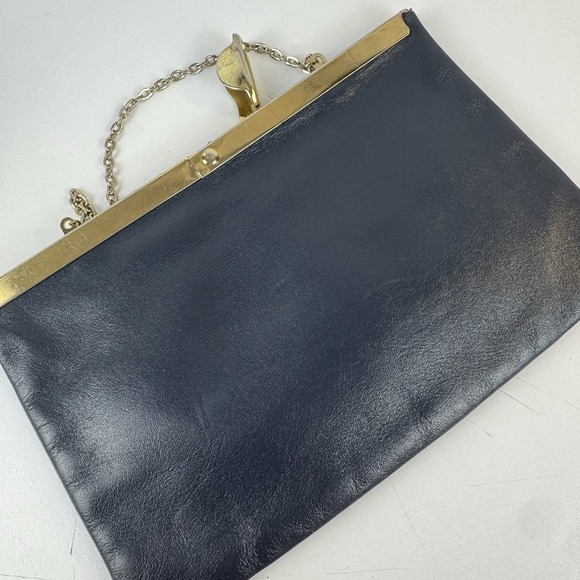 1960s minimalist glam navy leather clutch Etra gold frame evening bag - Picture 5 of 16